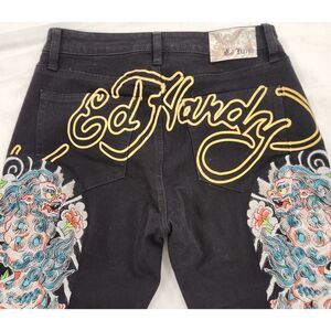 Ed Hardy Jeans Black 30 Guardian Lion Fu Dog Floral Embroidered Straight Leg